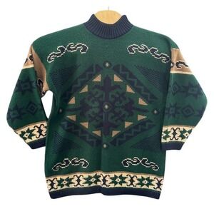 Vintage New Concepts Adele Knit Sweater Green Southwestern Mock Neck Made in USA